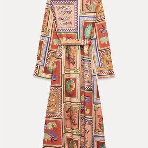 Zara ZW Collection Orange and Brown Multi colored Long Sleeve Shirtdress in XS.